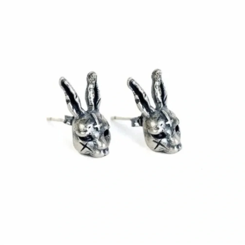 Single accent gothic style cross bunny stud earring S925 sterling silver retro